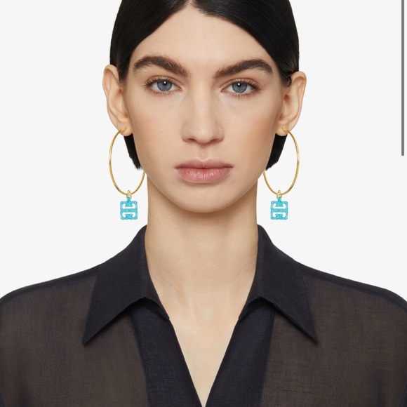 Givenchy NEW 4G liquid Gold hoop Earrings with blue design logo - Picture 2 of 4